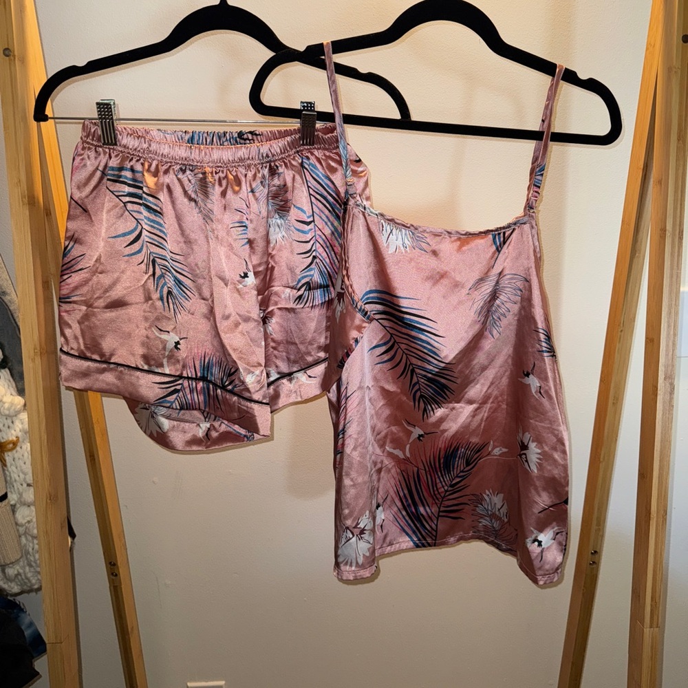 Pink Satin Pajama Set with Floral Design